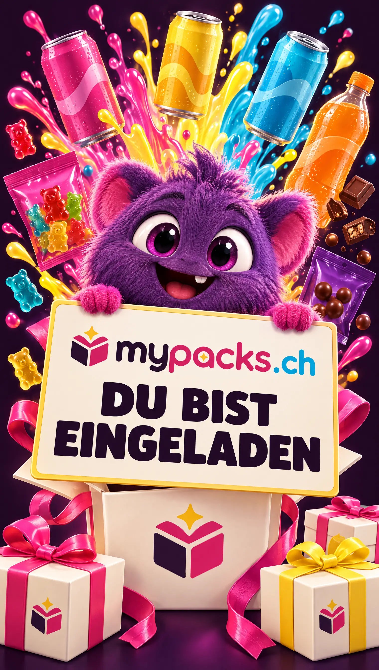 Ein flauschiges violettes Mystery-Monster lädt mit einem mypacks.ch-Schild ein: Du bist eingeladen. Dahinter fliegen Getränke, Süssigkeiten und Geschenkboxen mit bunten Spritzern nach oben.